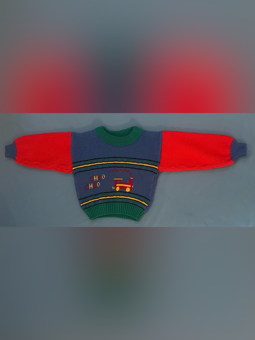 Vintage 1959 Kids Choo Choo Train Knit Sweater - Navy, Green & Red